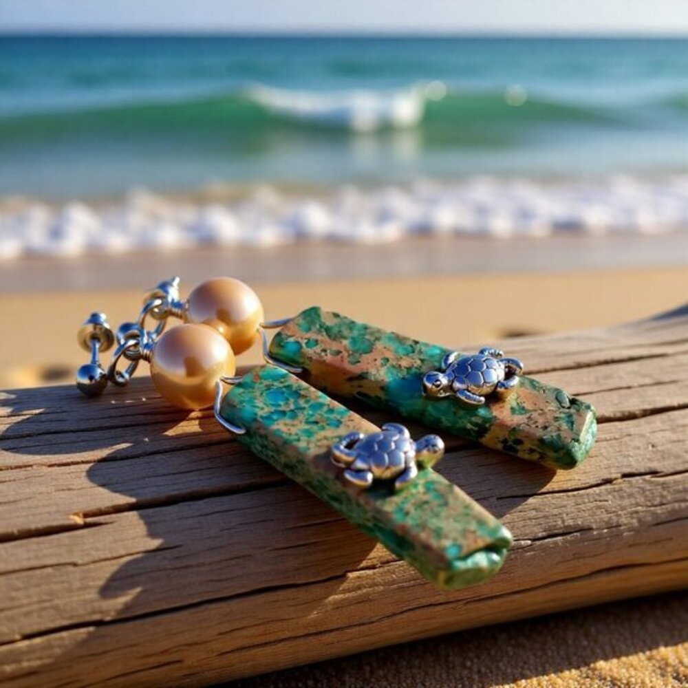 Handmade: Sea Turtle & Turquoise + Sand Colored Sea Sediment Jasper Bar Earrings